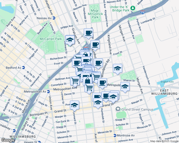 map of restaurants, bars, coffee shops, grocery stores, and more near 176 Skillman Avenue in Brooklyn