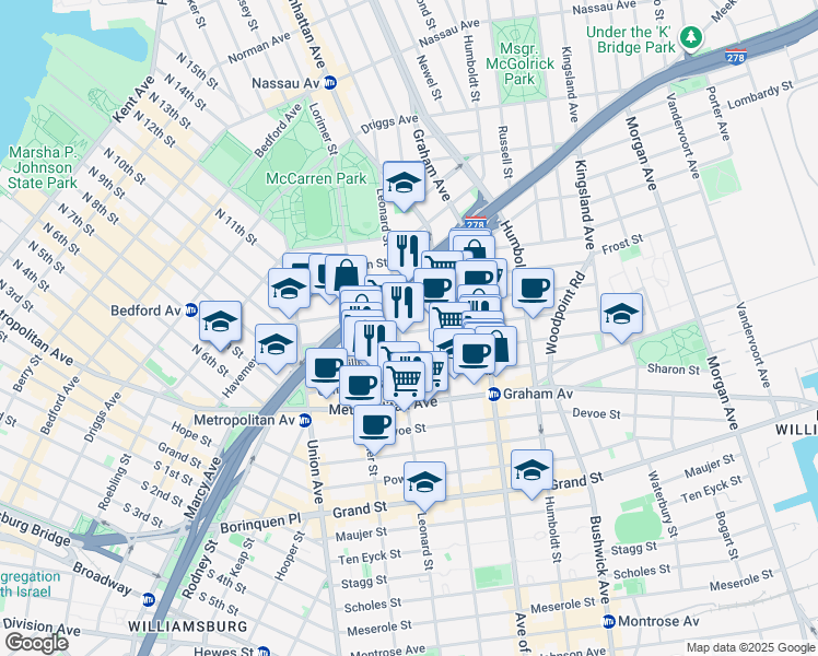 map of restaurants, bars, coffee shops, grocery stores, and more near 111 Skillman Avenue in Brooklyn
