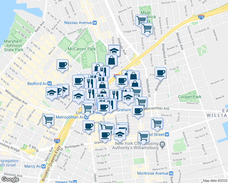 map of restaurants, bars, coffee shops, grocery stores, and more near 76 Jackson Street in Brooklyn