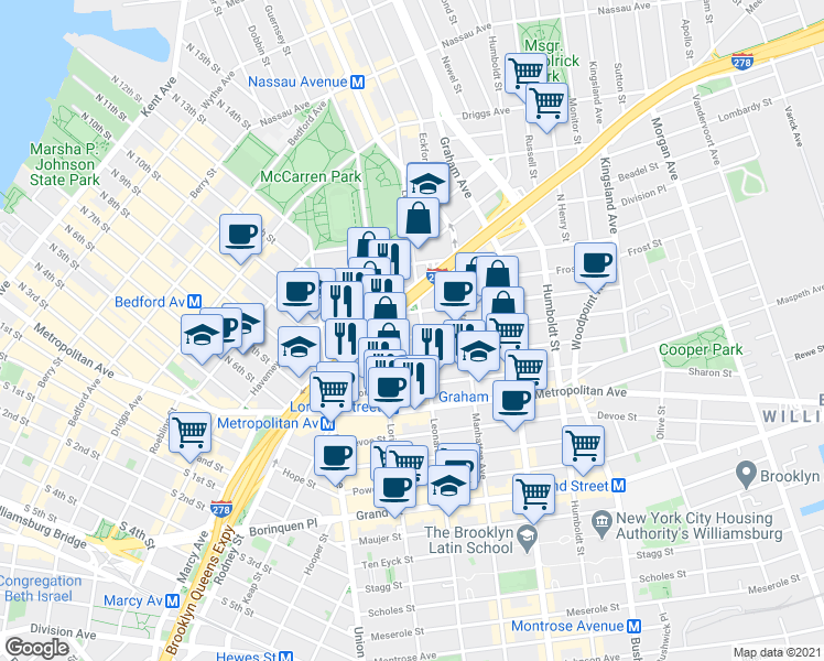 map of restaurants, bars, coffee shops, grocery stores, and more near 76 Jackson Street in Brooklyn