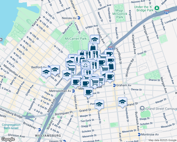 map of restaurants, bars, coffee shops, grocery stores, and more near 76 Jackson Street in Brooklyn