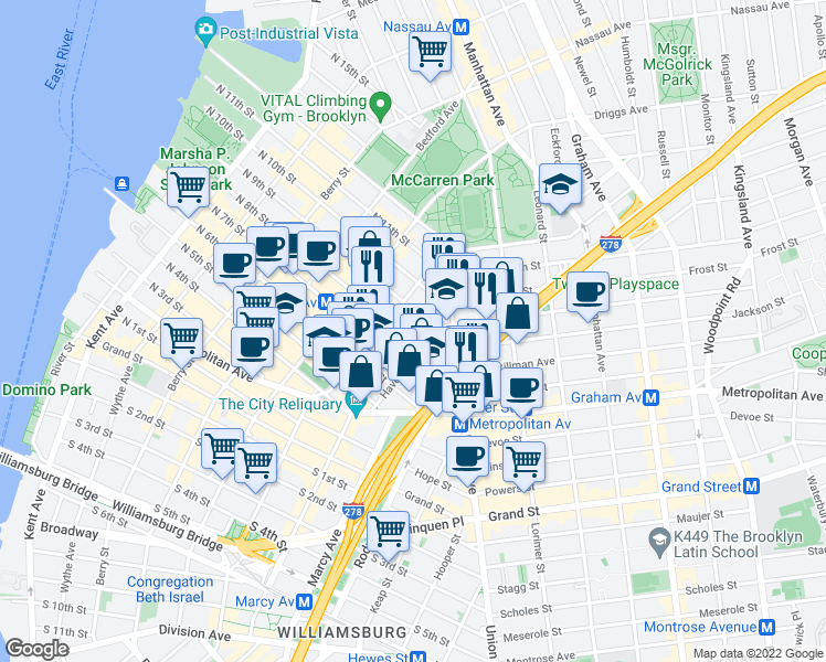 map of restaurants, bars, coffee shops, grocery stores, and more near in Brooklyn