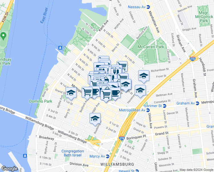 map of restaurants, bars, coffee shops, grocery stores, and more near 597 Driggs Avenue in Brooklyn