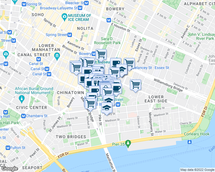 map of restaurants, bars, coffee shops, grocery stores, and more near 50-52 Eldridge Street in New York
