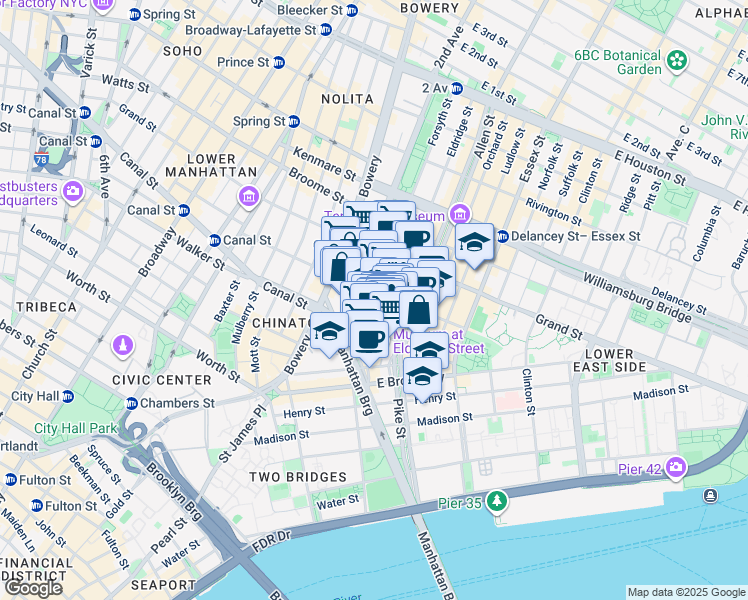 map of restaurants, bars, coffee shops, grocery stores, and more near 100 Hester Street in New York