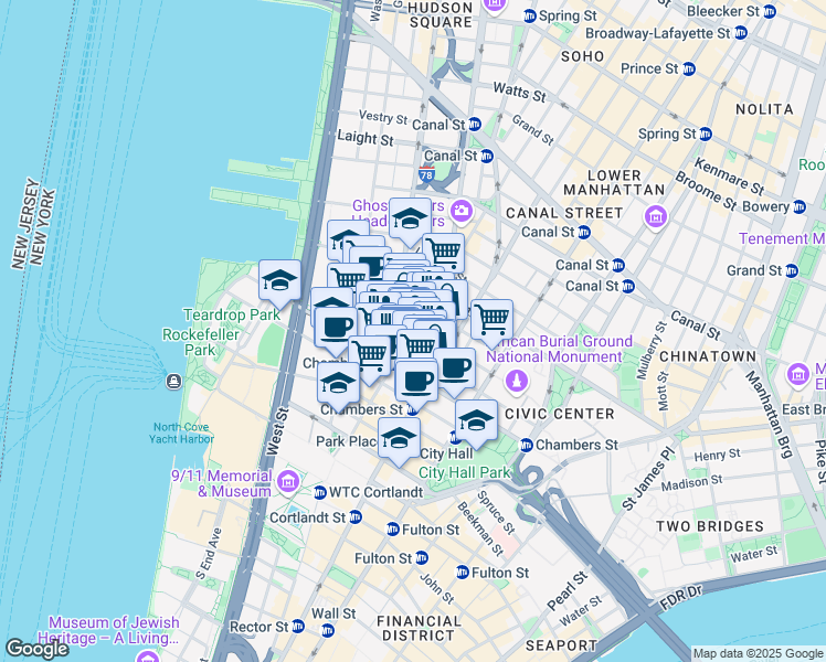 map of restaurants, bars, coffee shops, grocery stores, and more near 112 Reade Street in New York