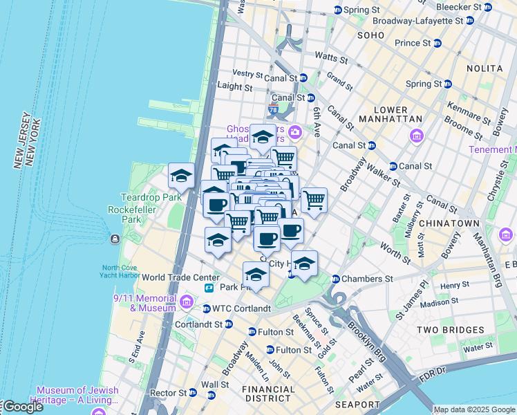 map of restaurants, bars, coffee shops, grocery stores, and more near in New York