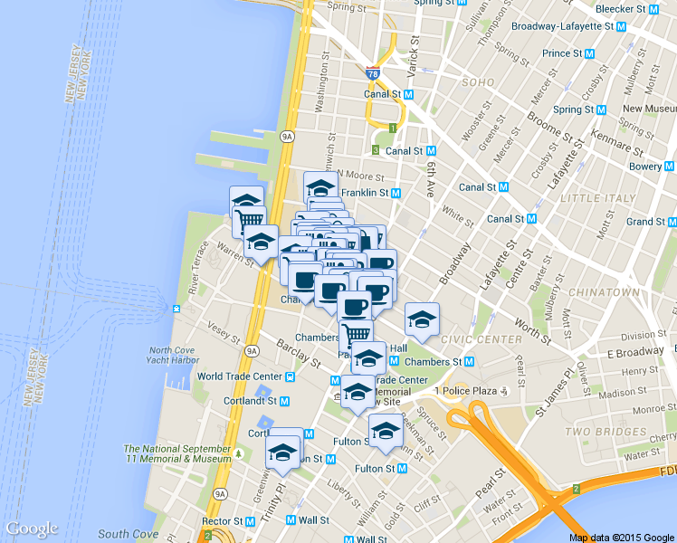 map of restaurants, bars, coffee shops, grocery stores, and more near 155 Chambers Street in New York