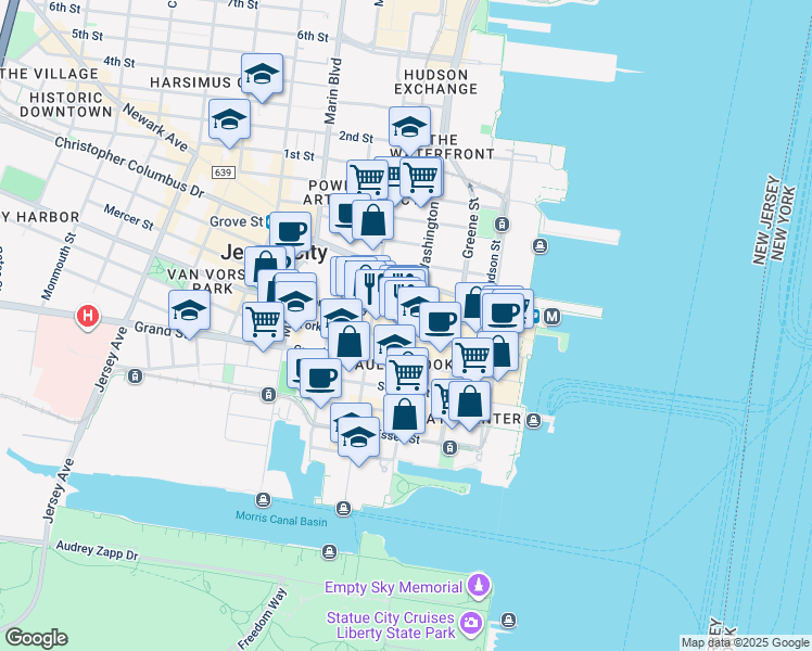 map of restaurants, bars, coffee shops, grocery stores, and more near in Jersey City
