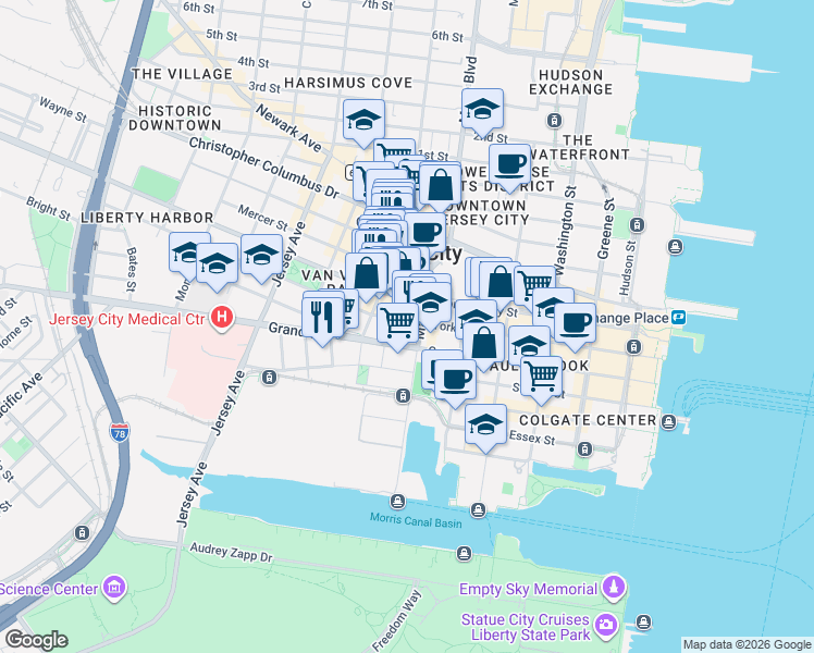 map of restaurants, bars, coffee shops, grocery stores, and more near in Jersey City