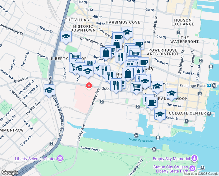map of restaurants, bars, coffee shops, grocery stores, and more near 111 Liberty View Drive in Jersey City