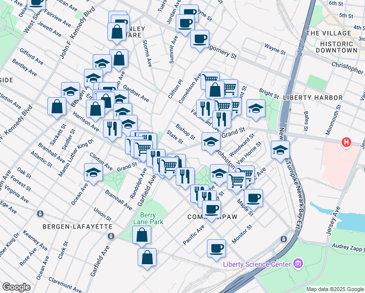 map of restaurants, bars, coffee shops, grocery stores, and more near 675-695 Grand Street in Jersey City