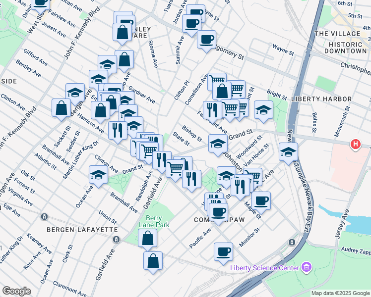 map of restaurants, bars, coffee shops, grocery stores, and more near 675-695 Grand Street in Jersey City