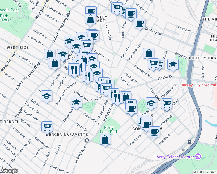 map of restaurants, bars, coffee shops, grocery stores, and more near 498 Communipaw Avenue in Jersey City