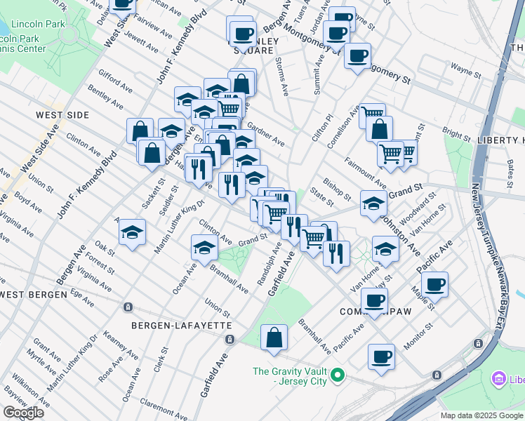 map of restaurants, bars, coffee shops, grocery stores, and more near 498 Communipaw Avenue in Jersey City