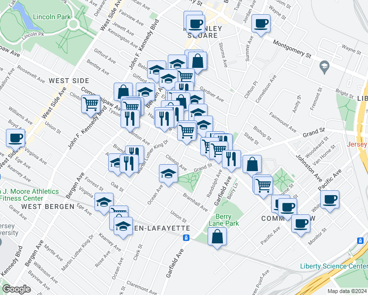 map of restaurants, bars, coffee shops, grocery stores, and more near 15 Crescent Avenue in Jersey City