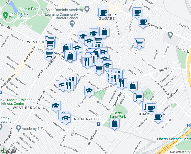 map of restaurants, bars, coffee shops, grocery stores, and more near in Jersey City
