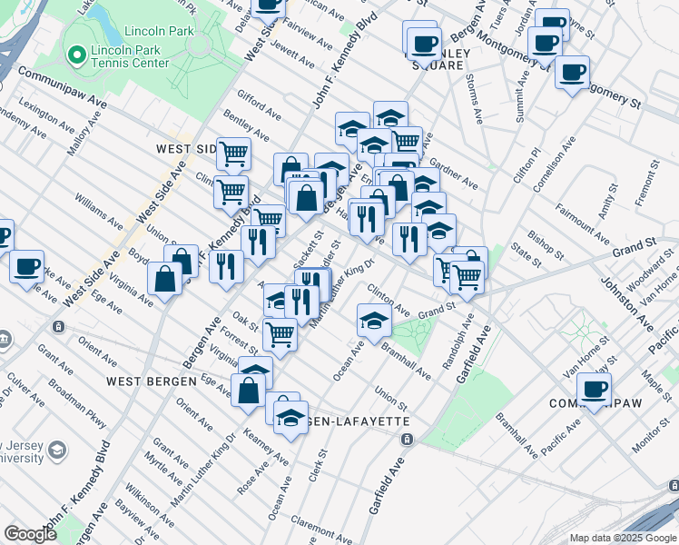 map of restaurants, bars, coffee shops, grocery stores, and more near in Jersey City