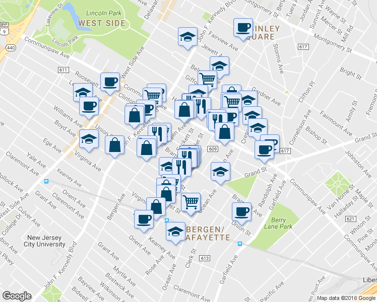 map of restaurants, bars, coffee shops, grocery stores, and more near 596 Bramhall Avenue in Jersey City