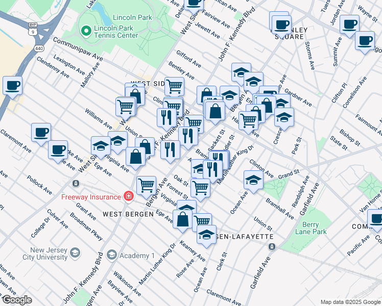 map of restaurants, bars, coffee shops, grocery stores, and more near 104 Atlantic Street in Jersey City