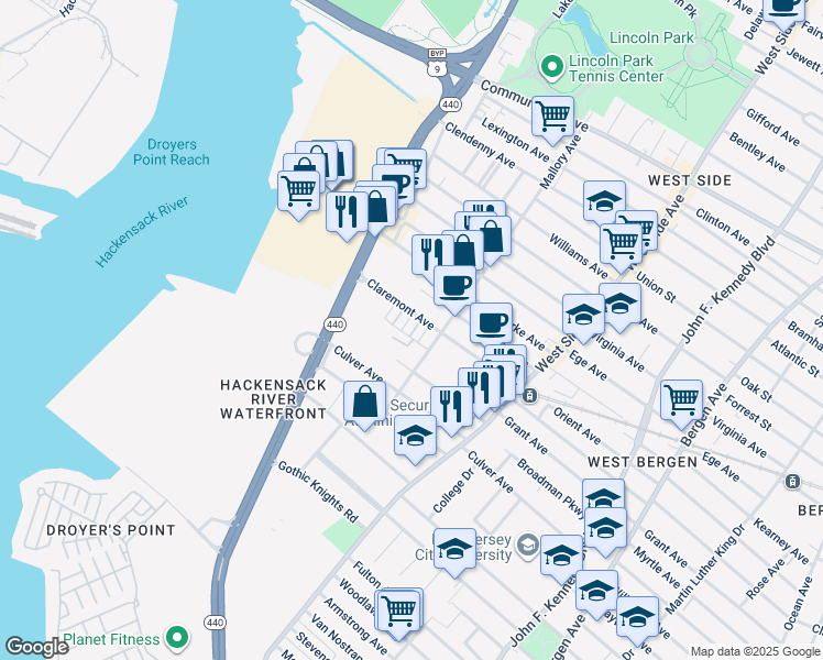 map of restaurants, bars, coffee shops, grocery stores, and more near 45 Mallory Avenue in Jersey City