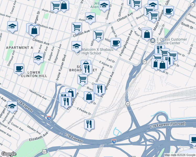 map of restaurants, bars, coffee shops, grocery stores, and more near 54 East Bigelow Street in Newark