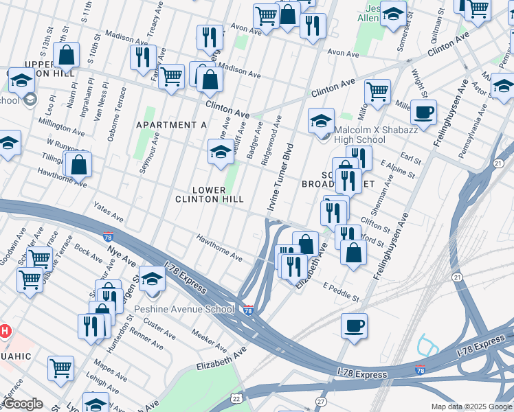 map of restaurants, bars, coffee shops, grocery stores, and more near 67 West Runyon Street in Newark