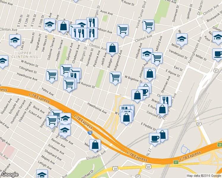 map of restaurants, bars, coffee shops, grocery stores, and more near 67 West Runyon Street in Newark