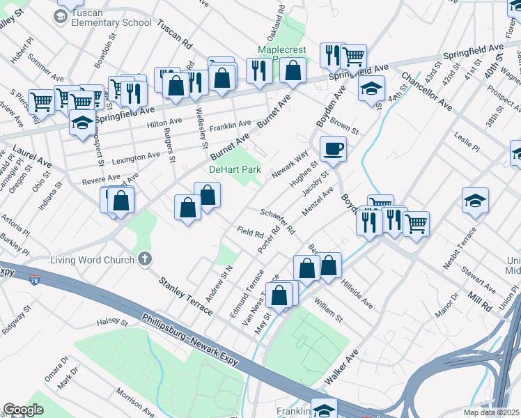 map of restaurants, bars, coffee shops, grocery stores, and more near 11 Schaefer Road in Maplewood