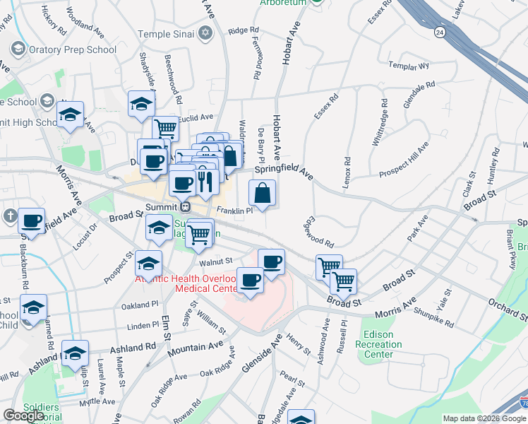 map of restaurants, bars, coffee shops, grocery stores, and more near 32 Franklin Place in Summit