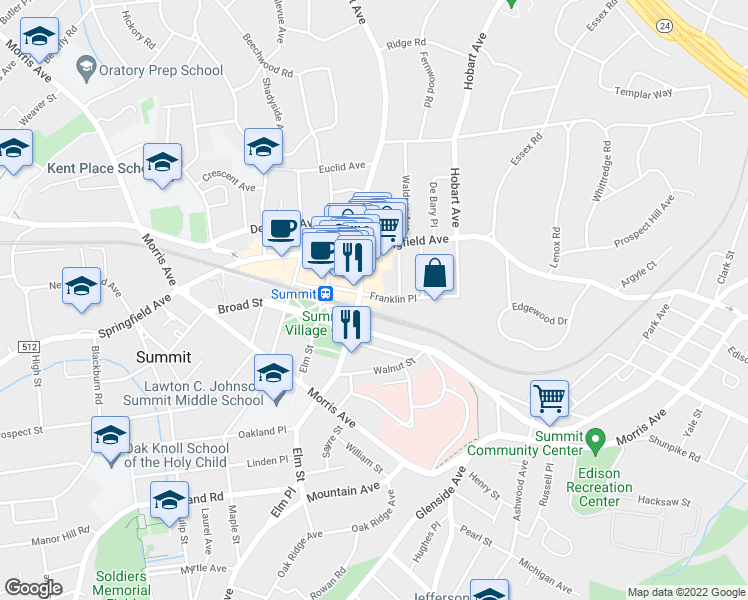 map of restaurants, bars, coffee shops, grocery stores, and more near 72 Franklin Place in Summit