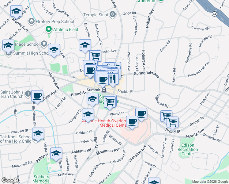 map of restaurants, bars, coffee shops, grocery stores, and more near 42 Summit Avenue in Summit