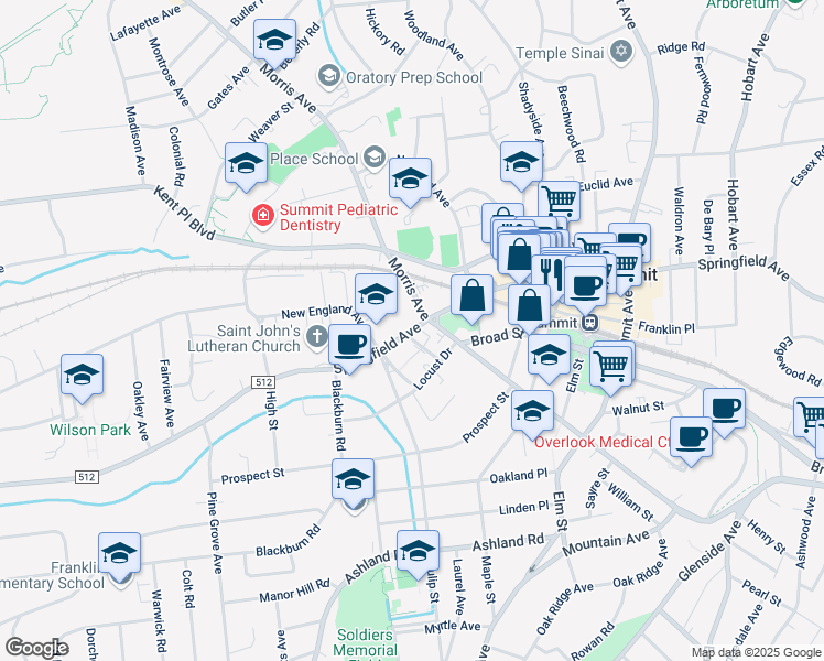 map of restaurants, bars, coffee shops, grocery stores, and more near 34 George Street in Summit