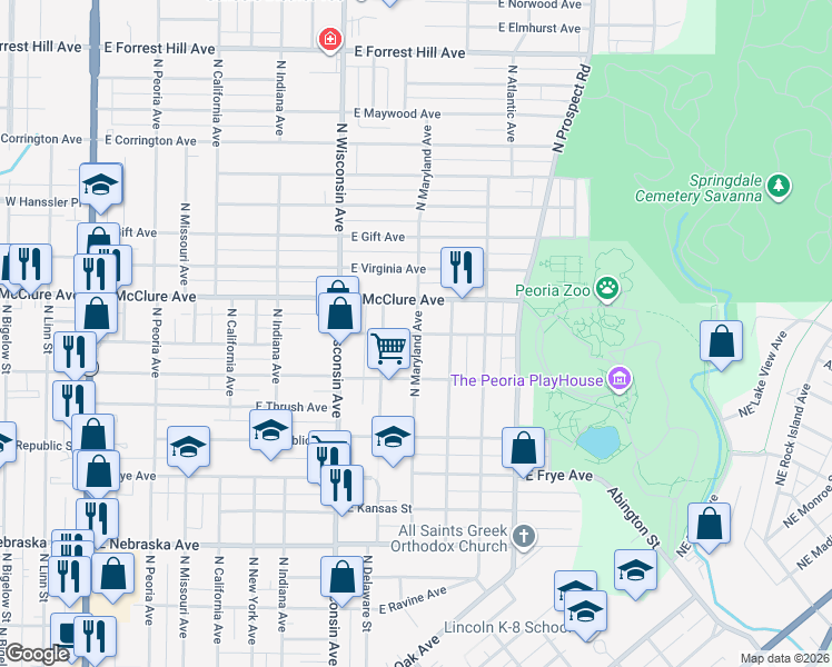 map of restaurants, bars, coffee shops, grocery stores, and more near 999 East Archer Avenue in Peoria