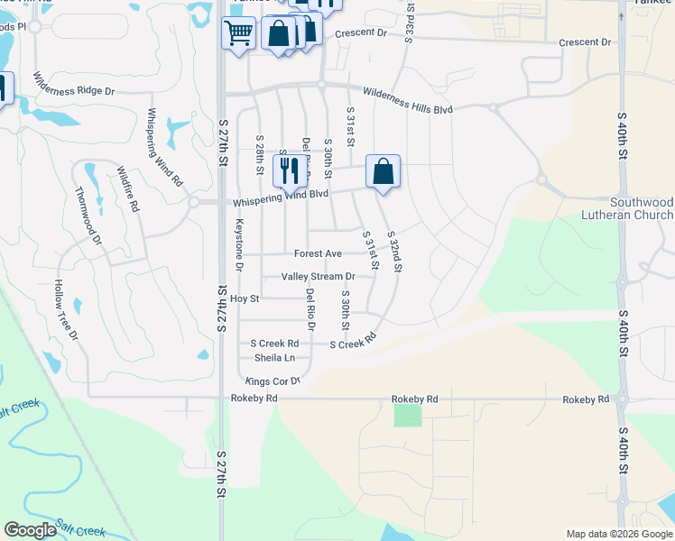 map of restaurants, bars, coffee shops, grocery stores, and more near 3011 Valley Stream Drive in Lincoln