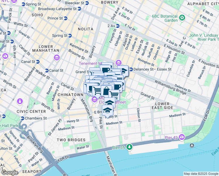map of restaurants, bars, coffee shops, grocery stores, and more near 122 Hester Street in New York