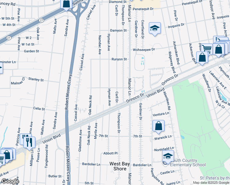 map of restaurants, bars, coffee shops, grocery stores, and more near 1085 Hyman Avenue in Bay Shore