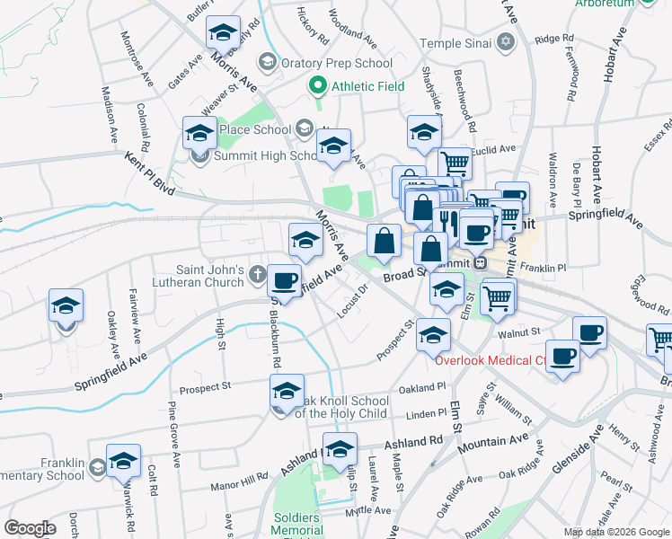 map of restaurants, bars, coffee shops, grocery stores, and more near 34 George Street in Summit