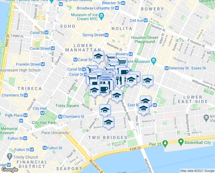 map of restaurants, bars, coffee shops, grocery stores, and more near Canal St & Elizabeth St in New York