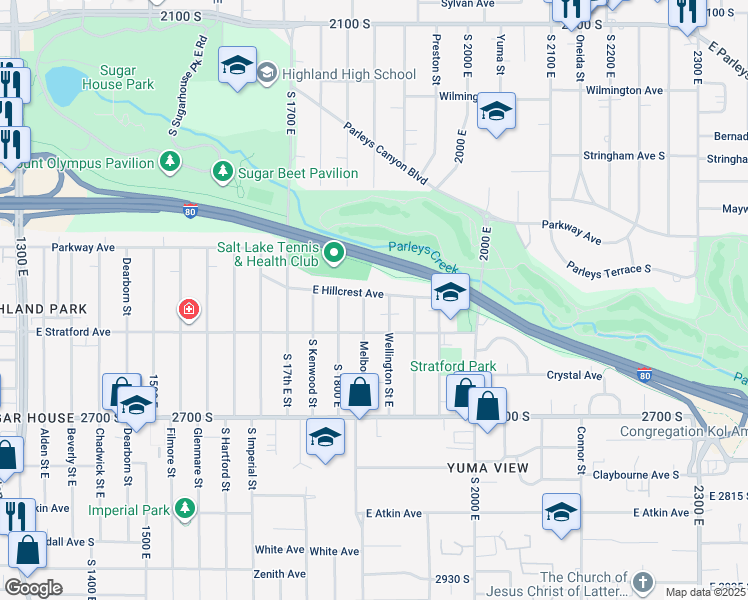 map of restaurants, bars, coffee shops, grocery stores, and more near 1838 East Hillcrest Avenue in Salt Lake City