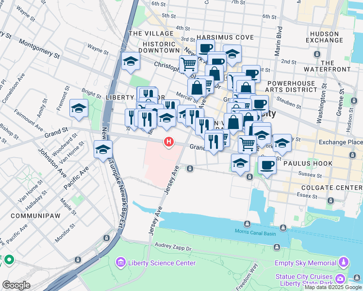 map of restaurants, bars, coffee shops, grocery stores, and more near 335 Grand Street in Jersey City