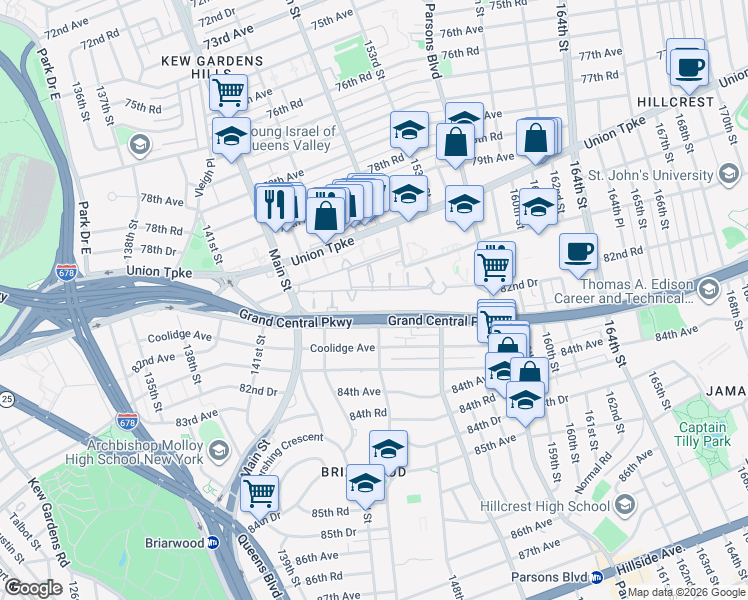 map of restaurants, bars, coffee shops, grocery stores, and more near 147-15 Grand Central Parkway in Queens
