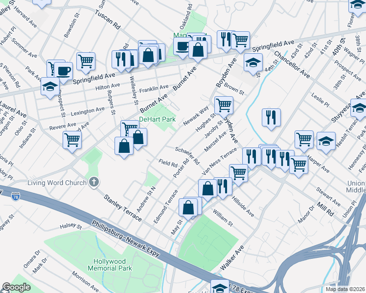 map of restaurants, bars, coffee shops, grocery stores, and more near 35 Schaefer Road in Maplewood