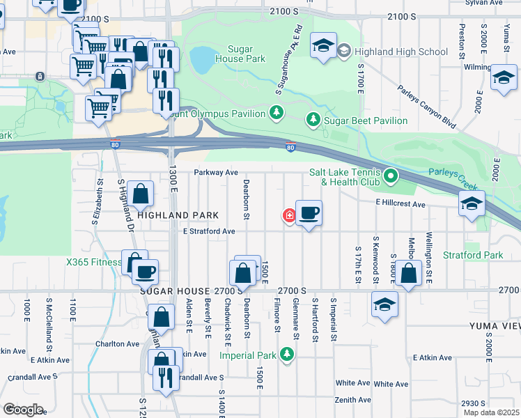 map of restaurants, bars, coffee shops, grocery stores, and more near 2532 South 1500 East in Salt Lake City