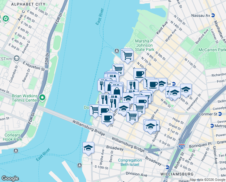 map of restaurants, bars, coffee shops, grocery stores, and more near 237 Kent Avenue in Brooklyn
