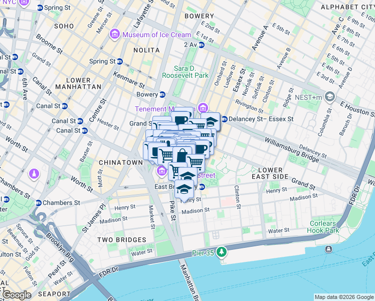 map of restaurants, bars, coffee shops, grocery stores, and more near 50-52 Eldridge Street in New York