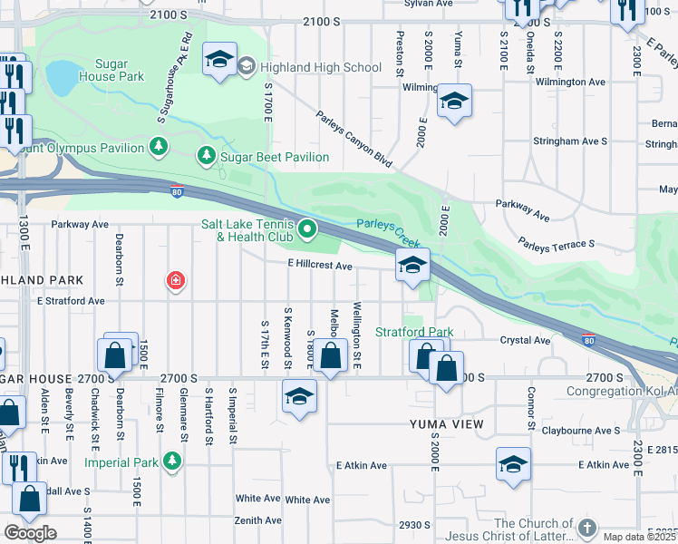 map of restaurants, bars, coffee shops, grocery stores, and more near 2549 Melbourne Street in Salt Lake City