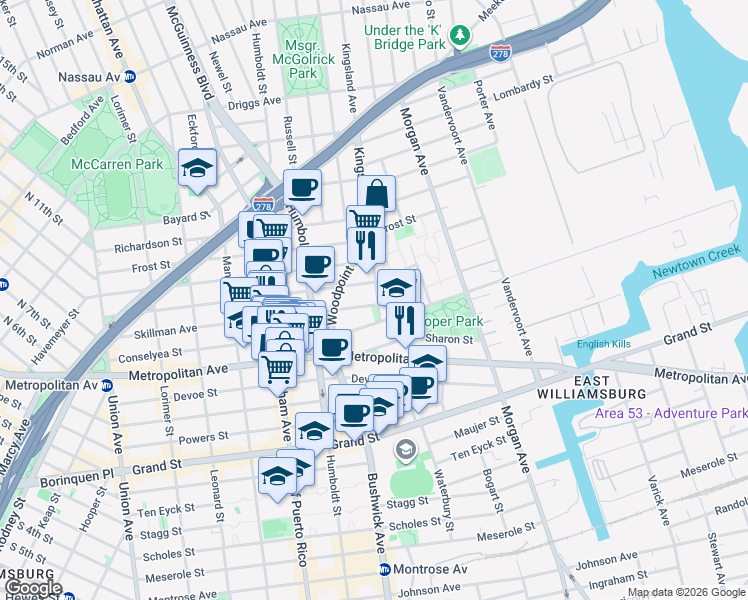 map of restaurants, bars, coffee shops, grocery stores, and more near 240A Skillman Avenue in Brooklyn