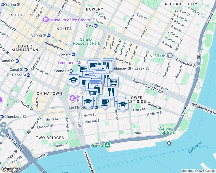map of restaurants, bars, coffee shops, grocery stores, and more near 3 Norfolk Street in New York