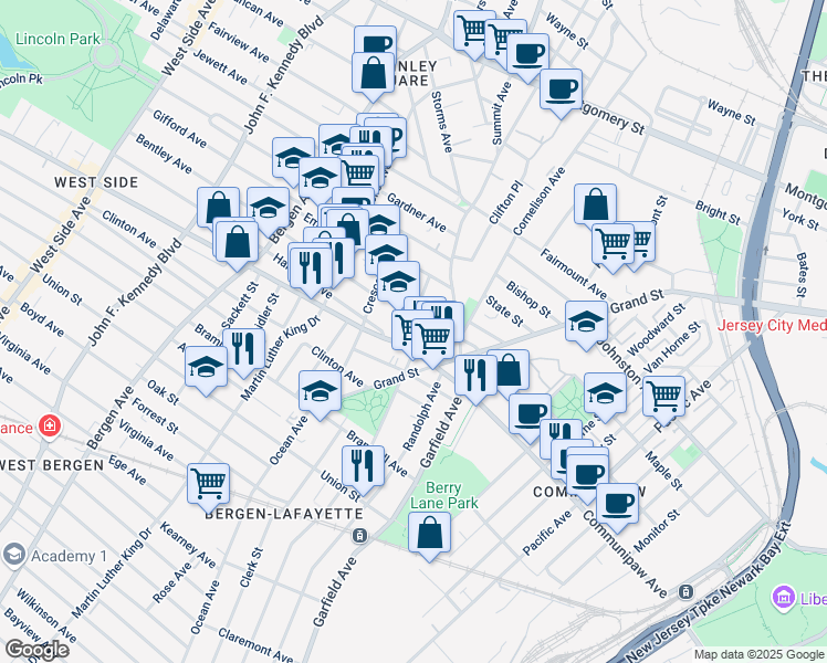 map of restaurants, bars, coffee shops, grocery stores, and more near 14 Park Street in Jersey City